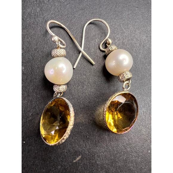 Citrine and pearl sterling silver dangle earrings - Picture 6 of 16